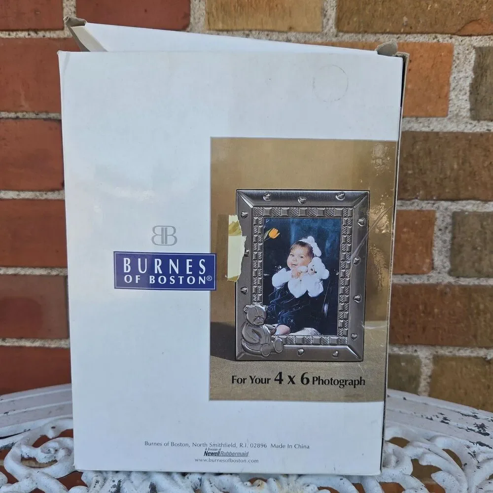 Burnes of Boston Teddy Bear Baby Photo Frame 4x6 Silver Hearts NOS Box